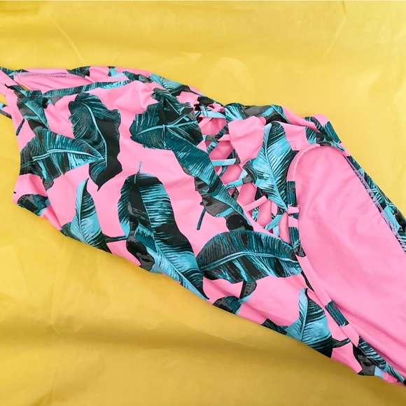 *NEW* JUNIOR PLUS Tropic Palm CORAL Swimsuit - Picture 10 of 12